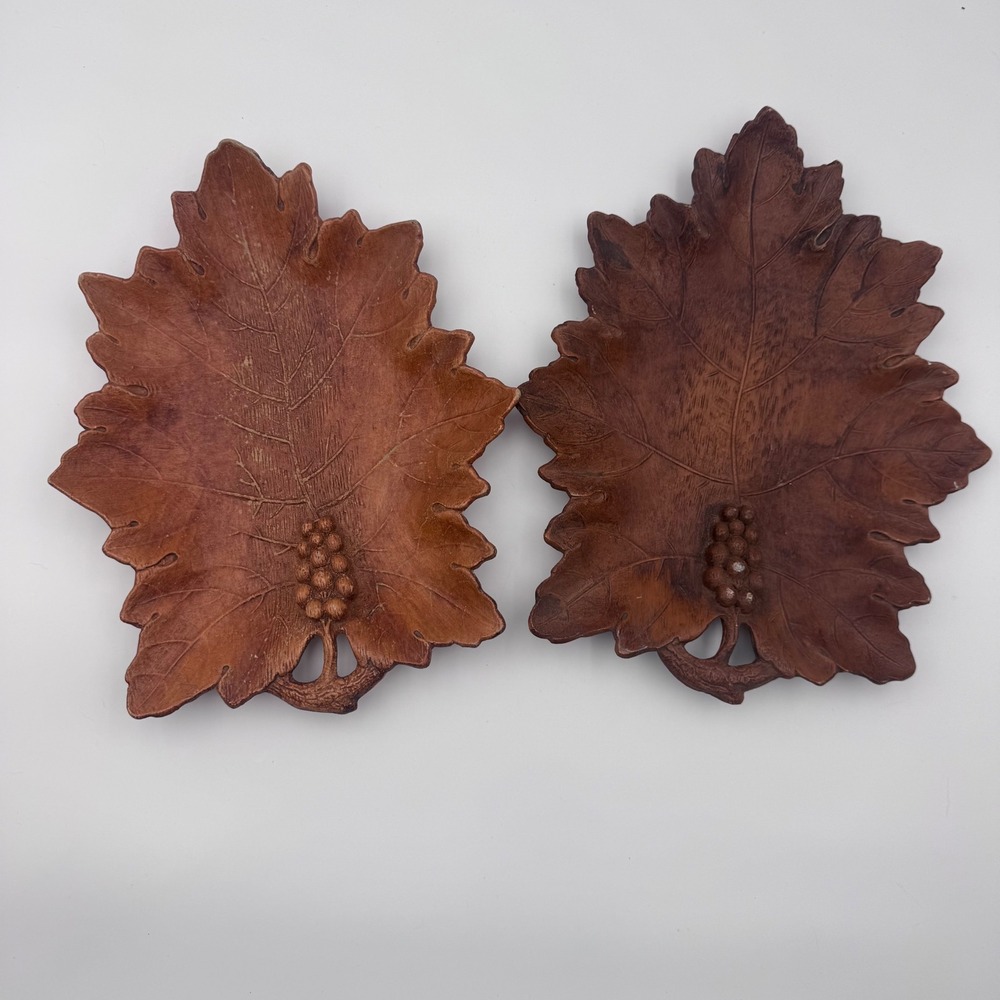 Vintage Faux Wood Grape Leaf Decorative Trays Set of 2 Brown Rustic Fall Decor